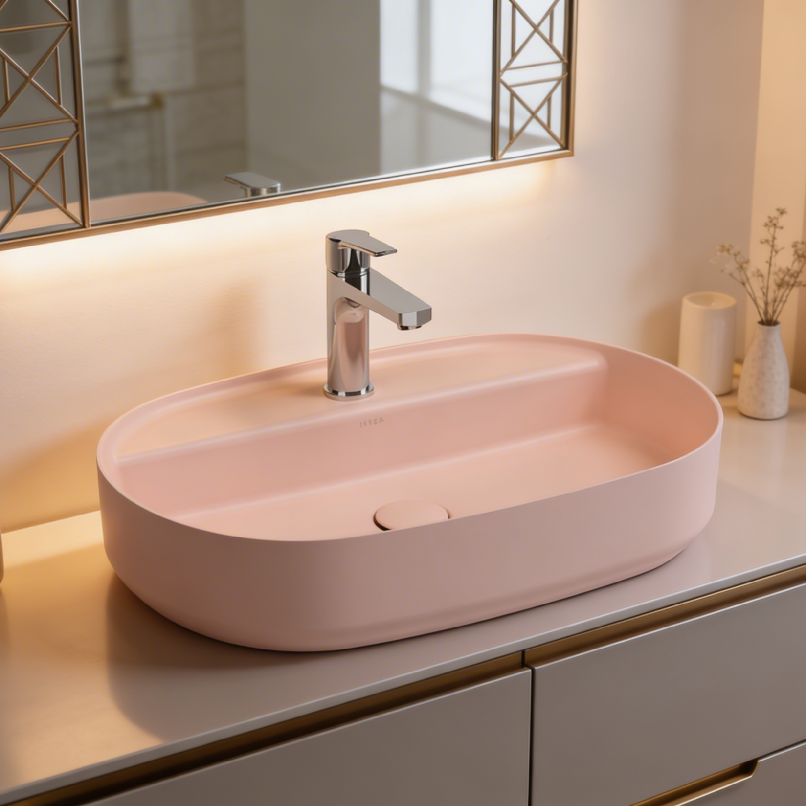Lavabo bagno ovale moderno 60x40 con foro rubinetto rosa salmone