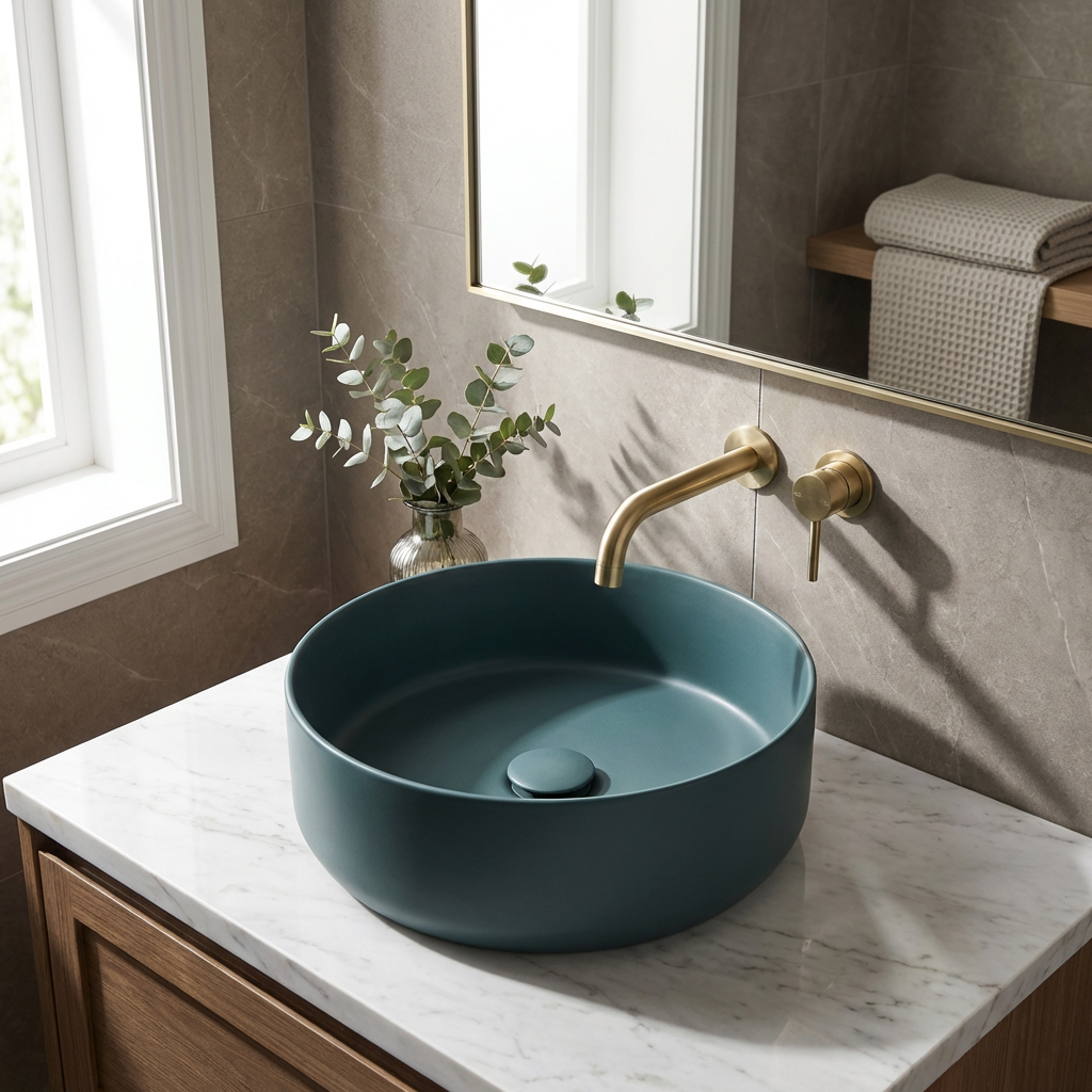 Lavabo d’appoggio rotondo BathCore Infinity Ø36 cm in ceramica con bordo sottile 5 mm. Senza foro rubinetto e troppopieno, disponibile in 13 finiture.