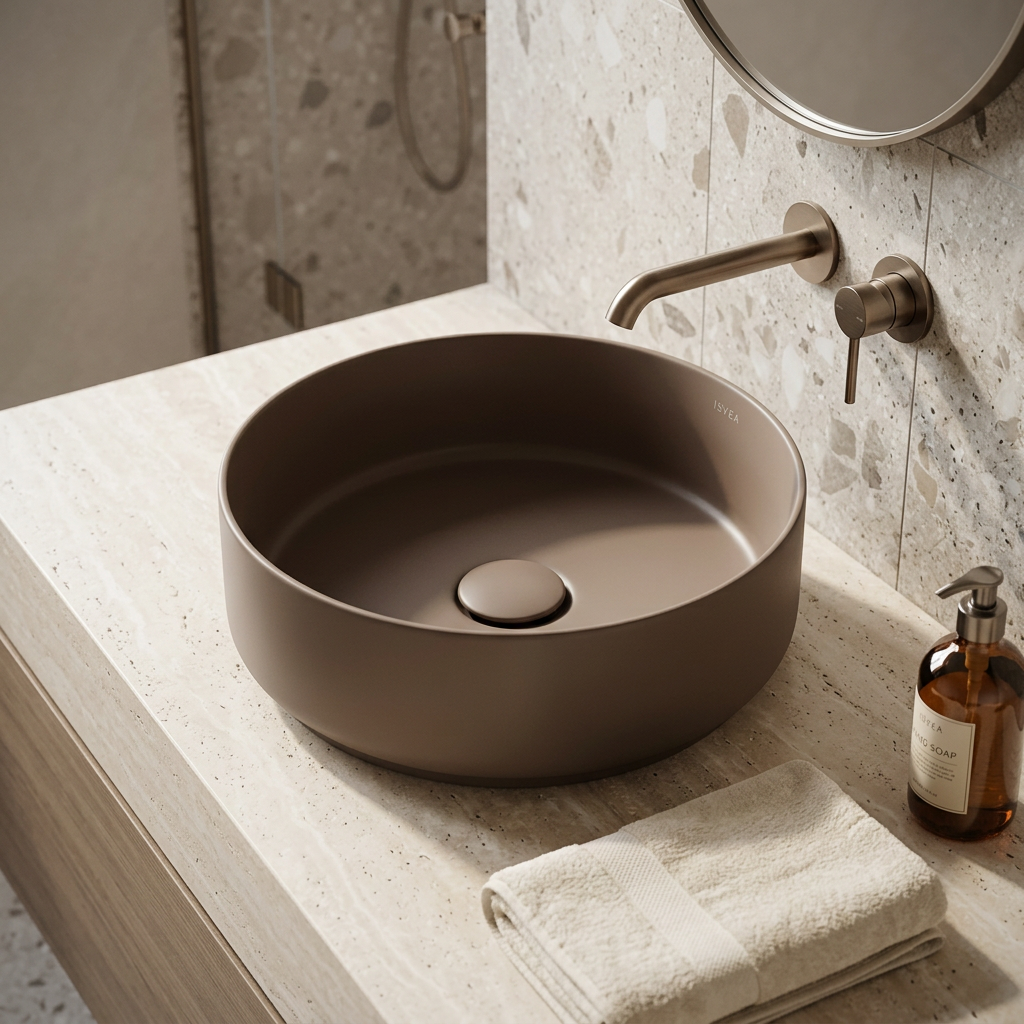 Lavabo d’appoggio rotondo BathCore Infinity Ø36 cm in ceramica con bordo sottile 5 mm. Senza foro rubinetto e troppopieno, disponibile in 13 finiture.