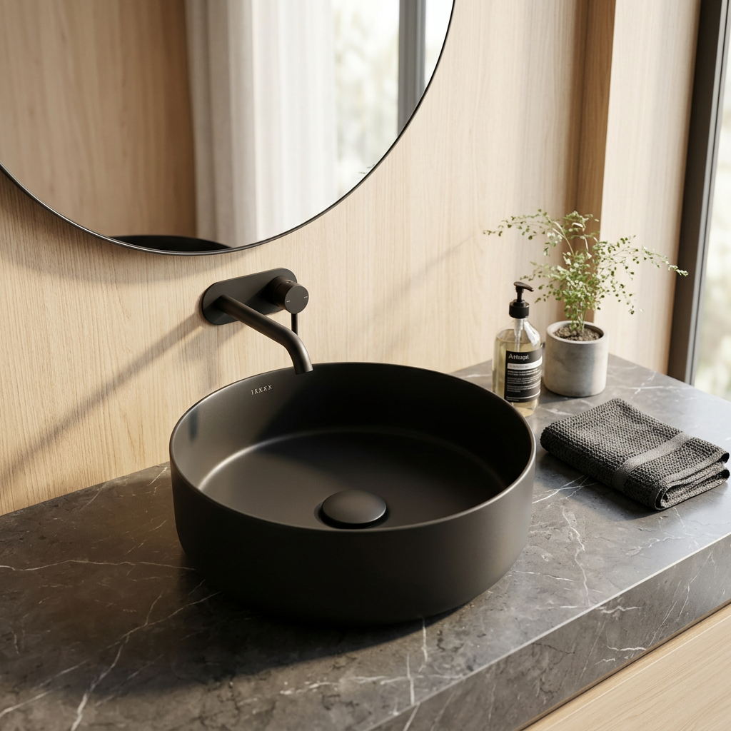 Lavabo d’appoggio rotondo BathCore Infinity Ø36 cm in ceramica con bordo sottile 5 mm. Senza foro rubinetto e troppopieno, disponibile in 13 finiture.