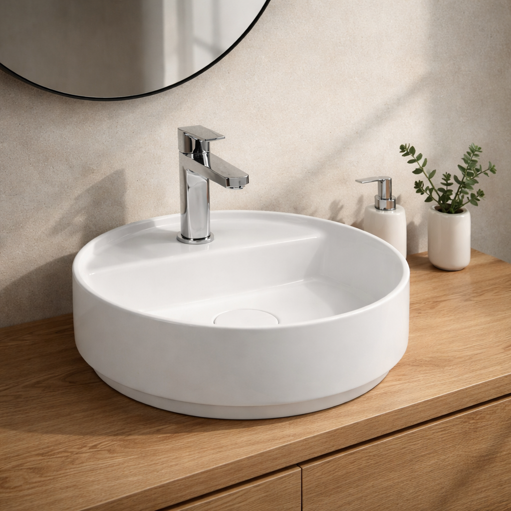 Lavabo d’appoggio rotondo in ceramica colorata BathCore serie Infinity ø42 cm con bordo sottile 5 mm