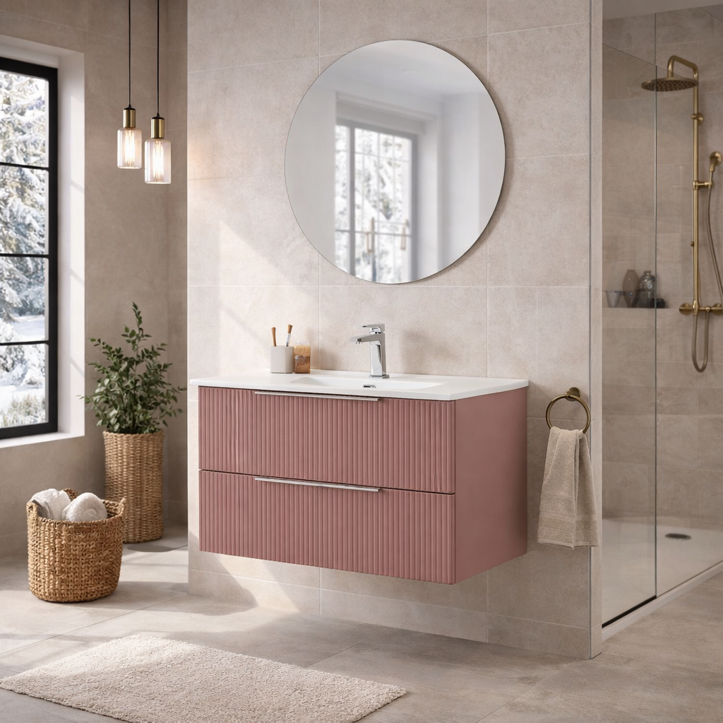 Mobile bagno sospeso cannettato Cubi&Co Riviera 80/100 cm con lavabo e specchio tondo - varie finiture