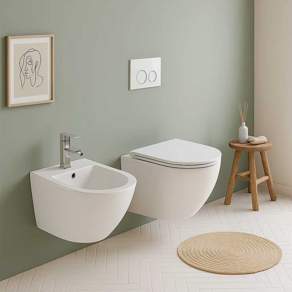 Sanitari bagno sospesi con copriwater BathCore modello Serenity Rimless/Tornado Quiet 49.5x36.5 cm - Bianco
