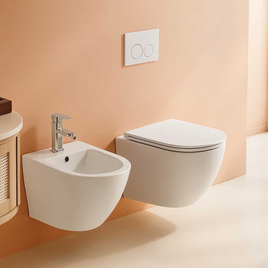  Sanitari bagno sospesi con copriwater BathCore modello Serenity Rimless/Tornado Quiet 49.5x36.5 cm - Bianco