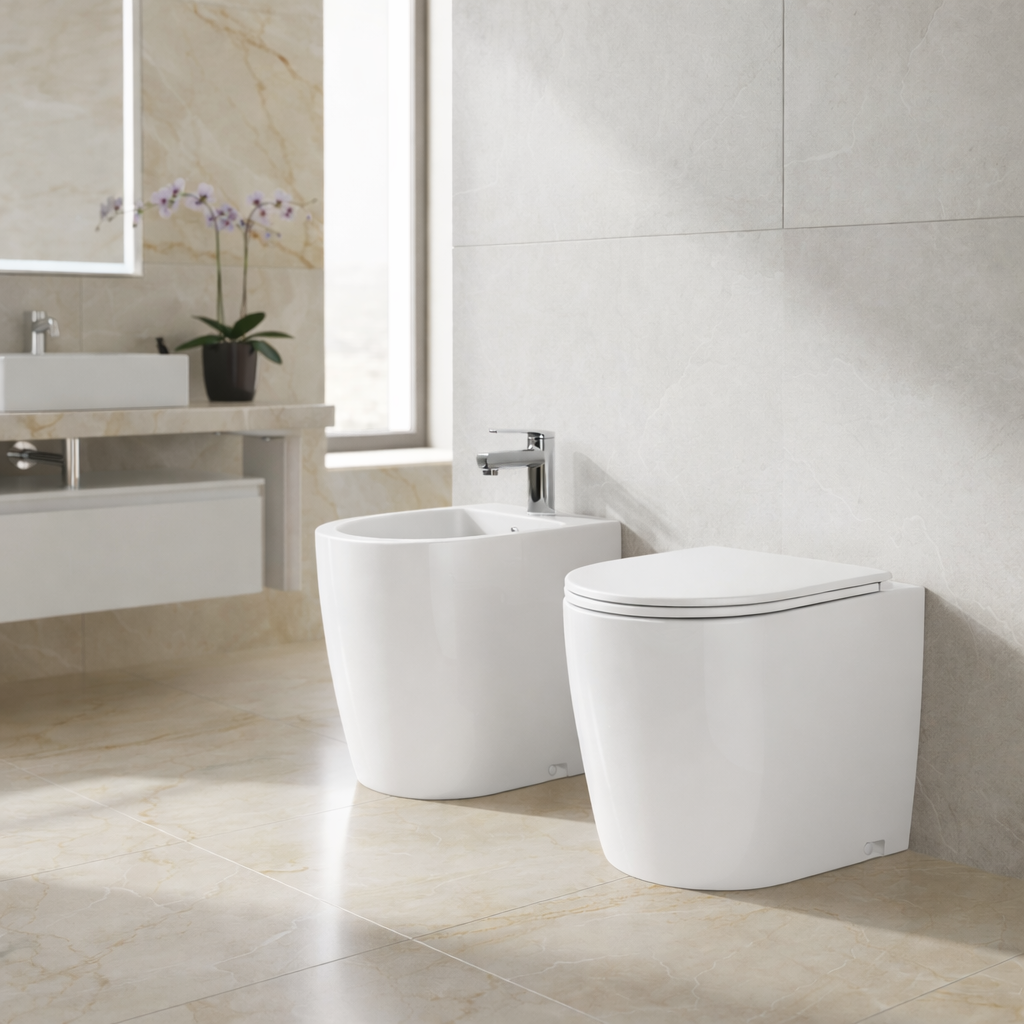 Set sanitari filomuro BathCore Infinity WC rimless e bidet