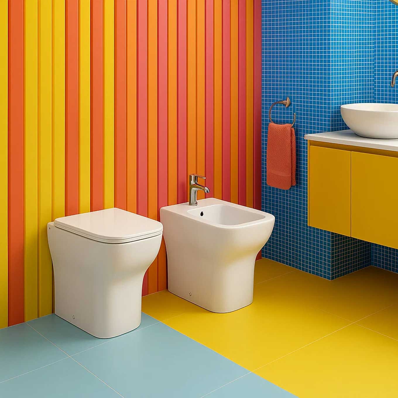 Coppia di sanitari filomuro WC bidet e coprivaso modello Reverse di Althea cm 50x36