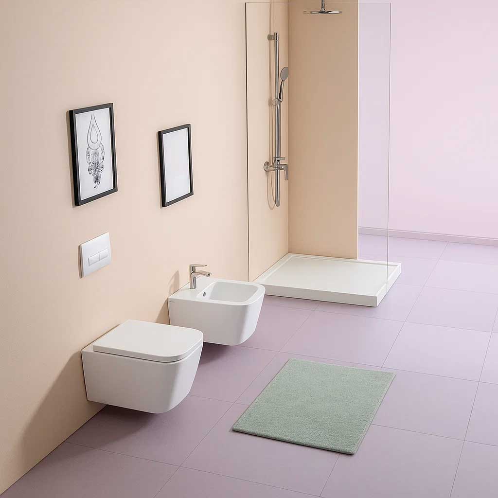 Sanitari bagno sospesi con coprivaso BathCore modello Velvet Rimless/Tornado Quiet 49x34 cm - Bianco
